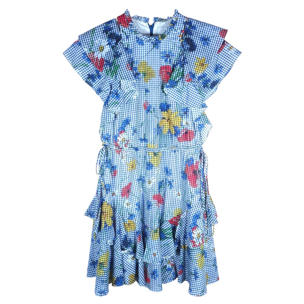 Pearl by Lela Rose Floral Gingham Dress 8 Blue White Ruffle Detail Cottagecore - Picture 1 of 15